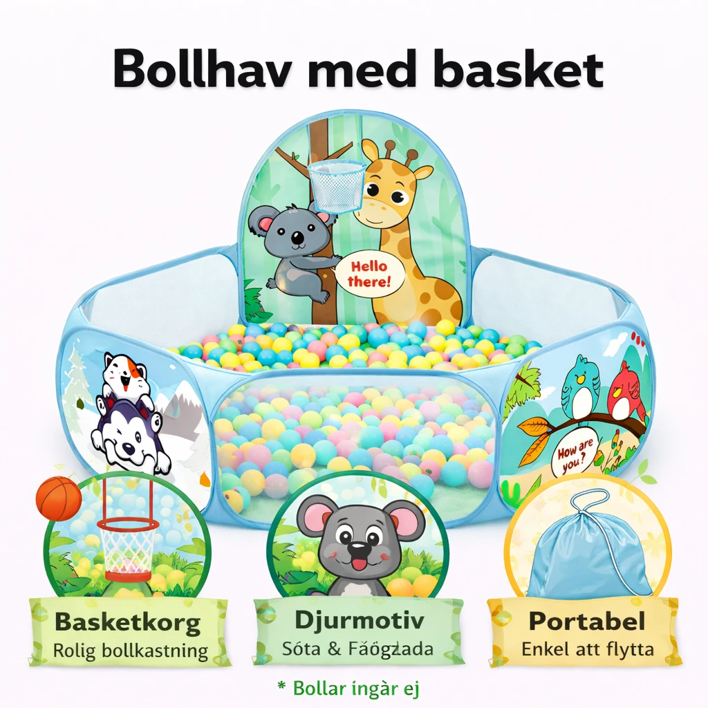 Bollhav med basket – ljusblå lekpool med djurmotiv