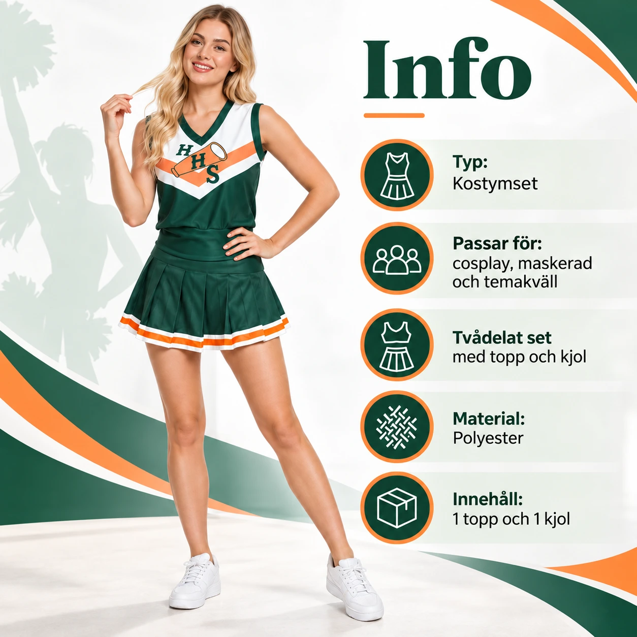 Vihreä ja oranssi cheerleaderasu topilla ja hameella