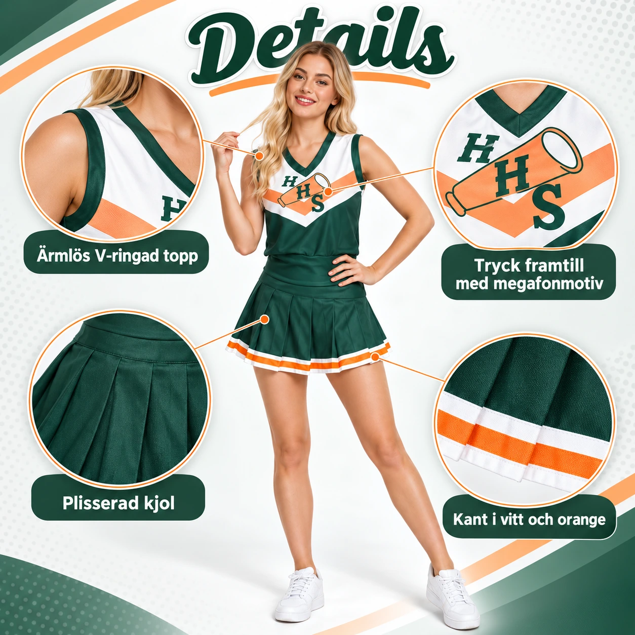 Vihreä ja oranssi cheerleaderasu topilla ja hameella