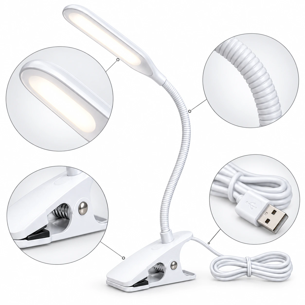 Klämbar LED-lampa för skrivbord och läsning, USB-driven
