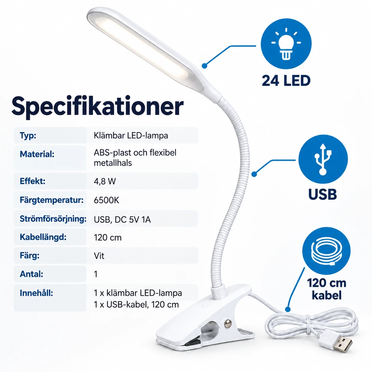 Klämbar LED-lampa för skrivbord och läsning, USB-driven