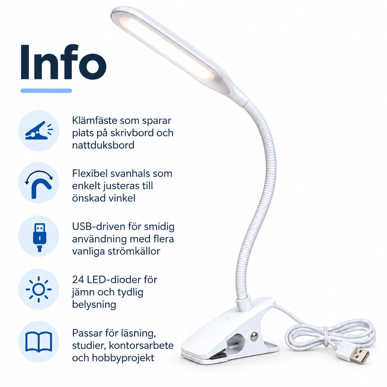 Klämbar LED-lampa för skrivbord och läsning, USB-driven