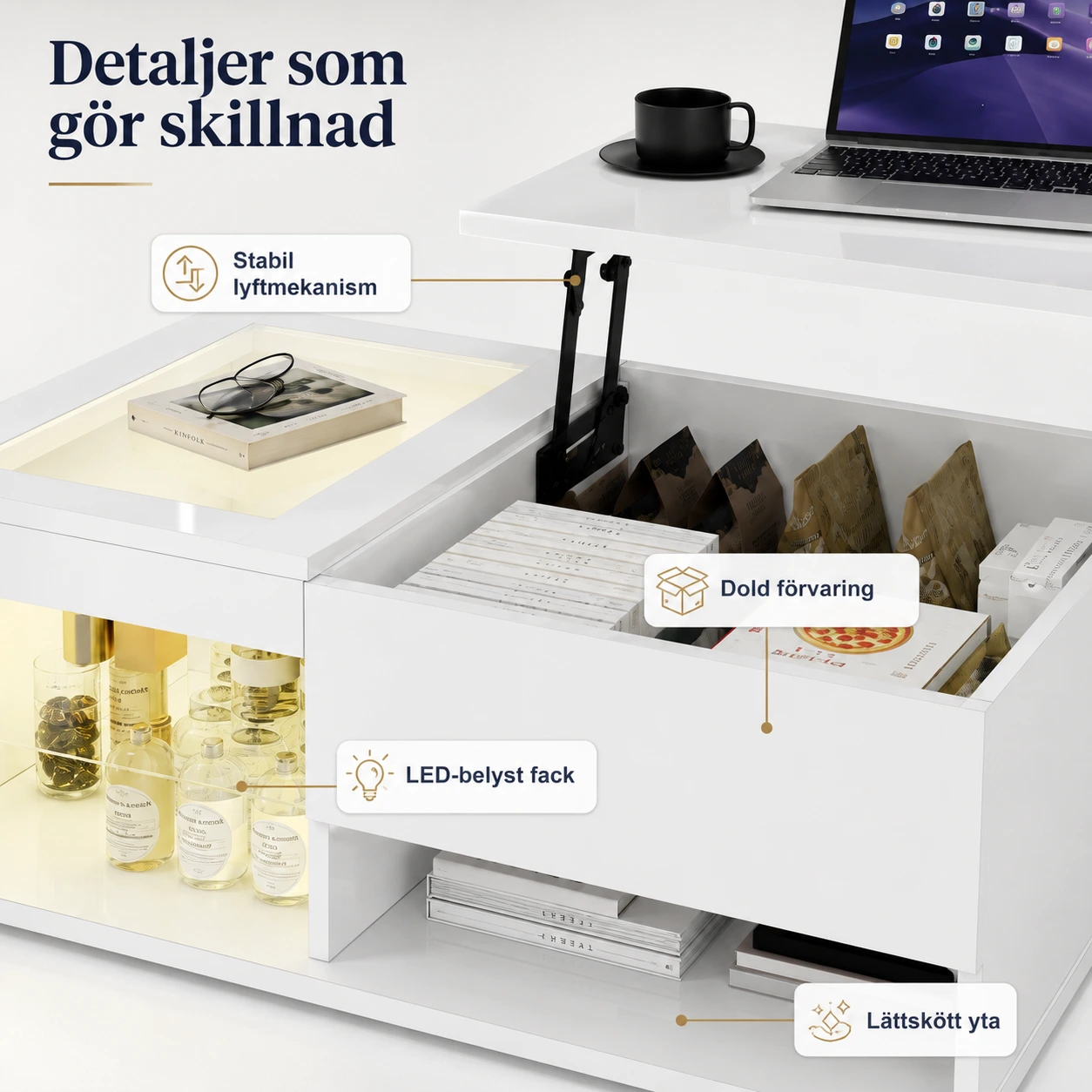 Höjbart soffbord med förvaring och LED-belysning