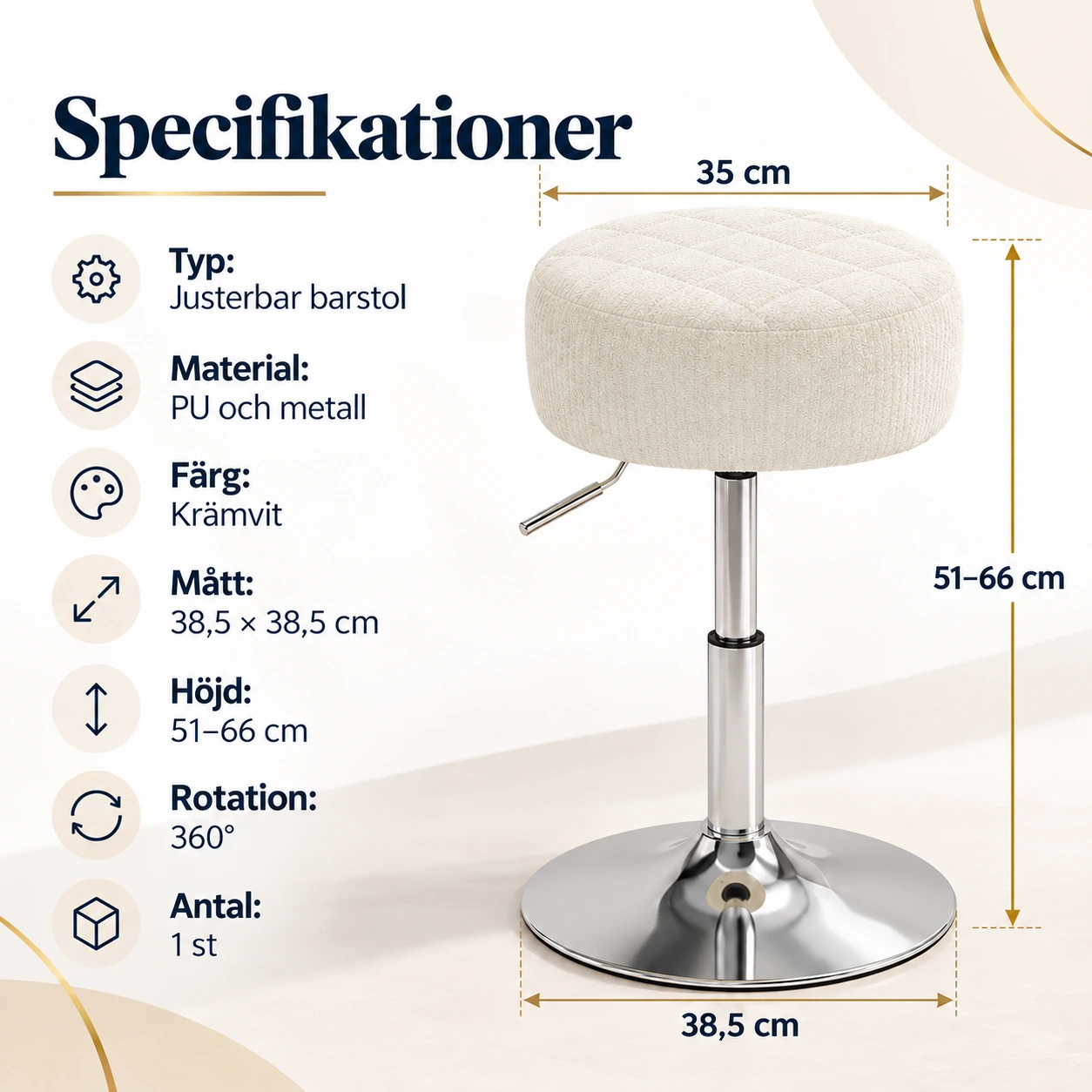 Justerbar barstol med rund sits och 360° rotation