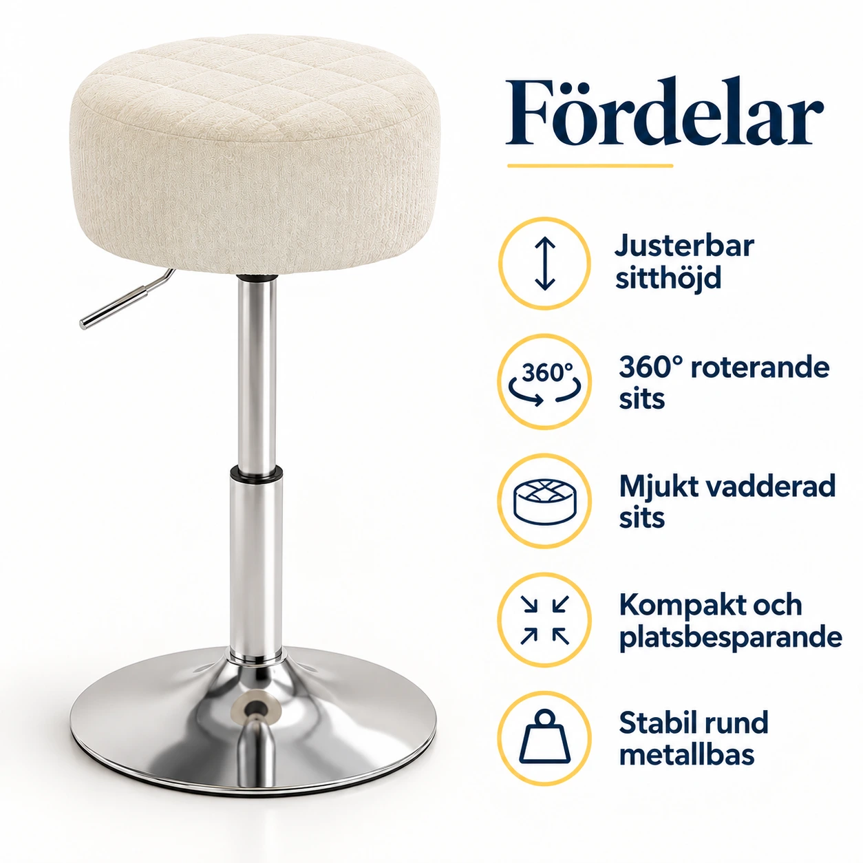 Justerbar barstol med rund sits och 360° rotation