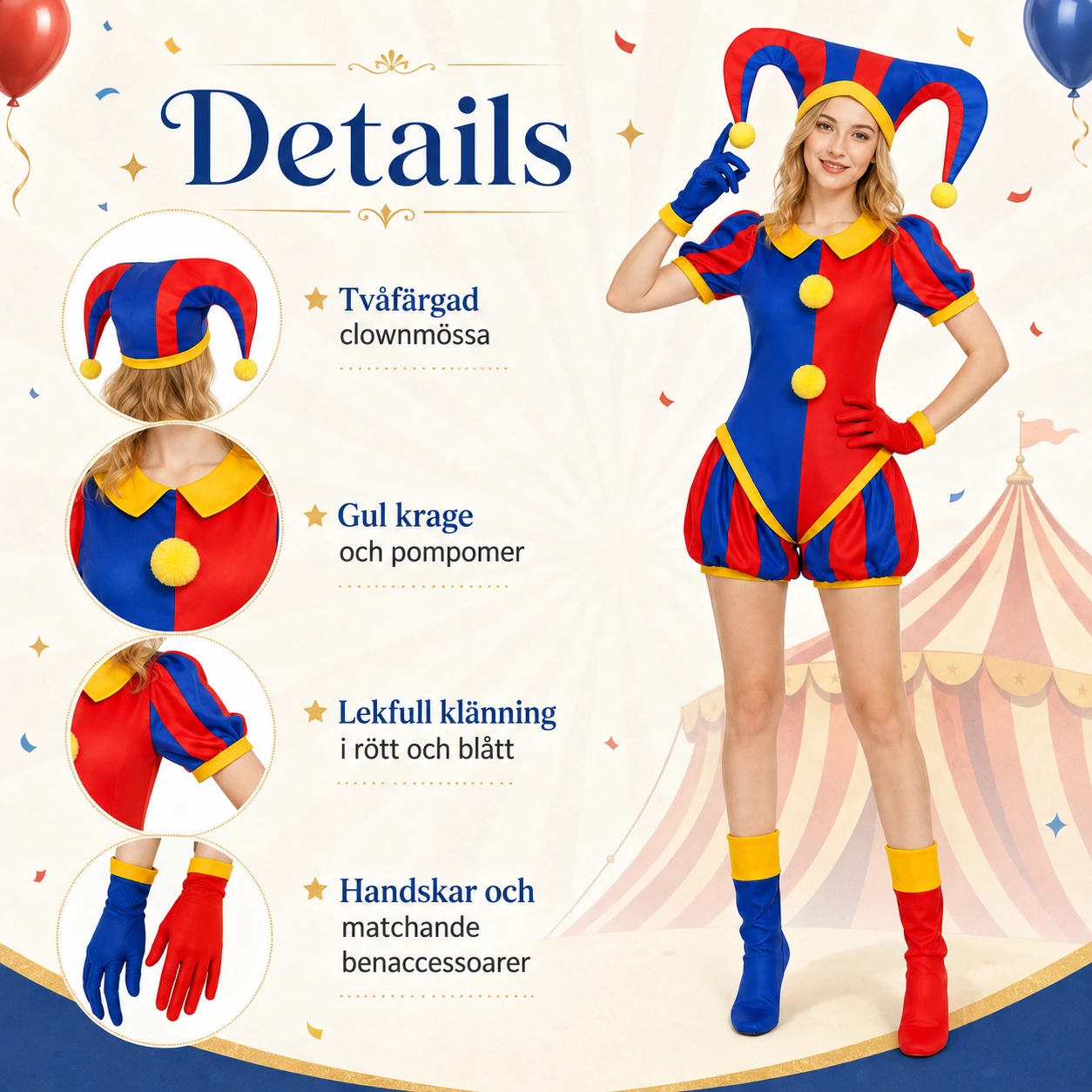 Clowndräkt cosplay med mössa och handskar