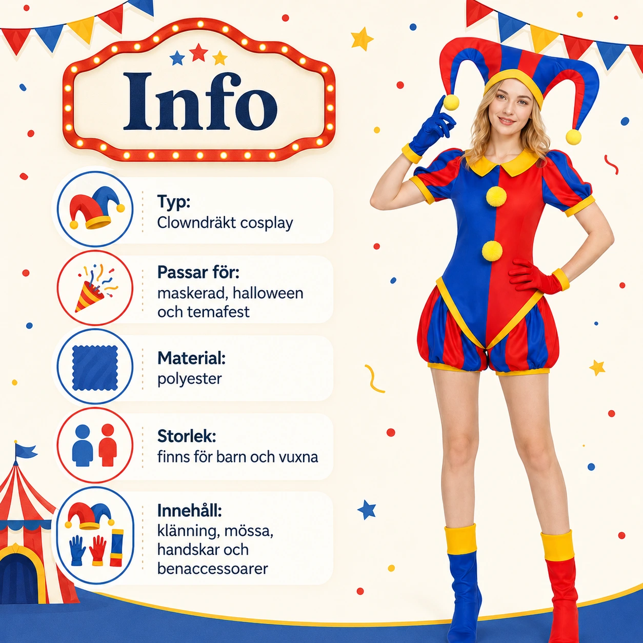 Clowndräkt cosplay med mössa och handskar