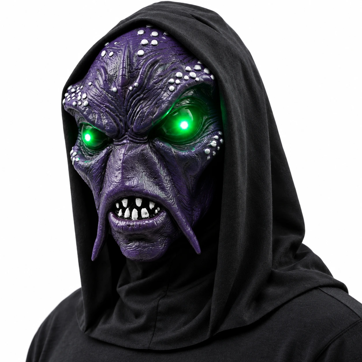 Alienmaske i lateks med LED og hette