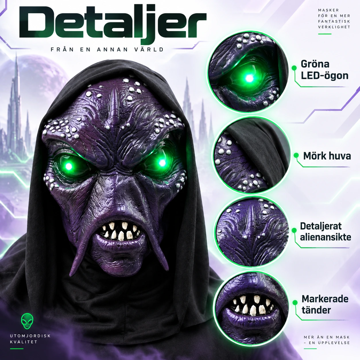 Alienmaske i lateks med LED og hette