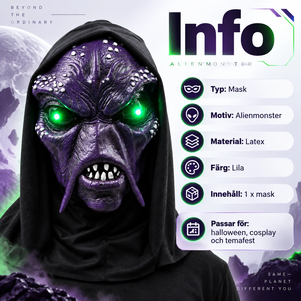 Alienmaske i lateks med LED og hette