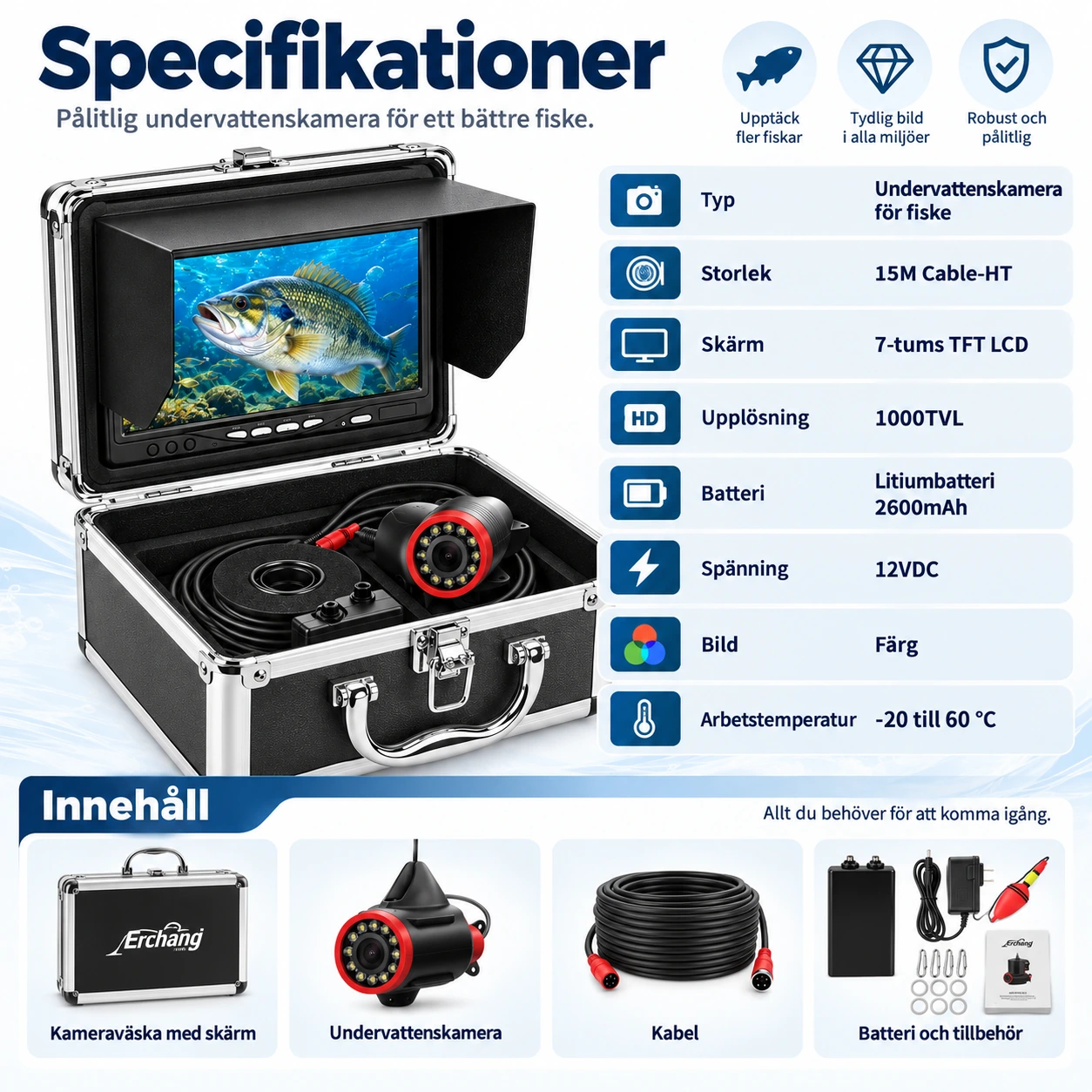 Undervattenskamera för fiske med 7-tums LCD-skärm