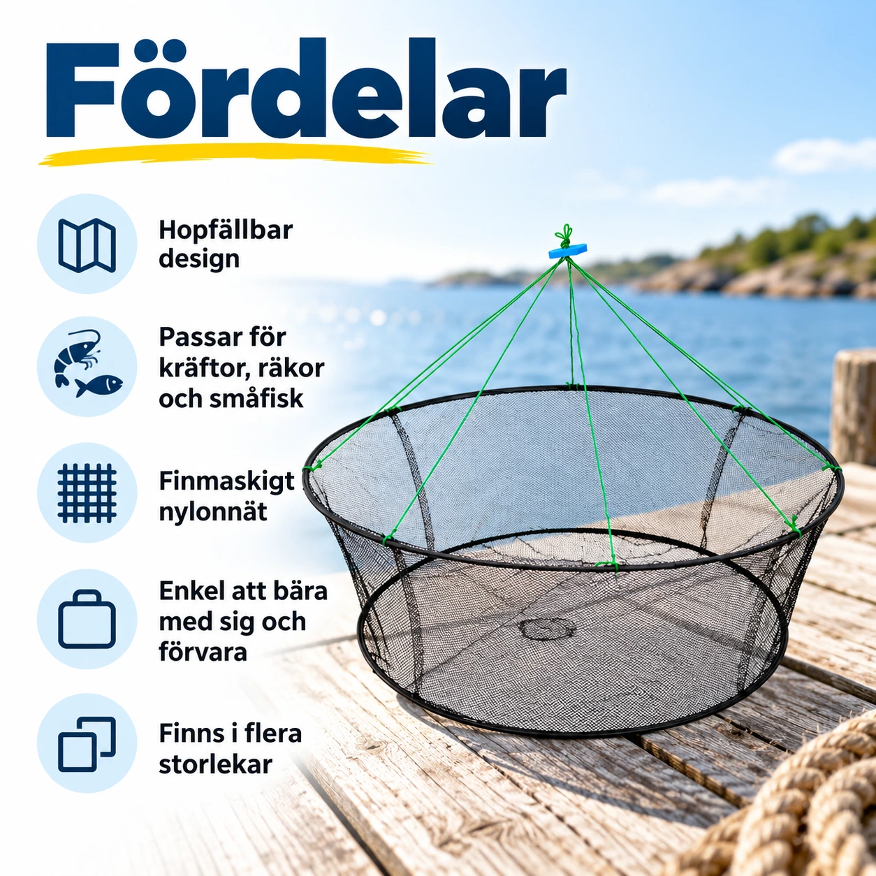 Hopfällbart kräftnät för kräftor, räkor och småfisk