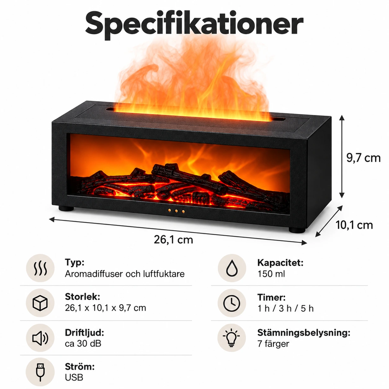 Aromadiffuusori liekkiefektillä ja kaukosäätimellä, 150 ml