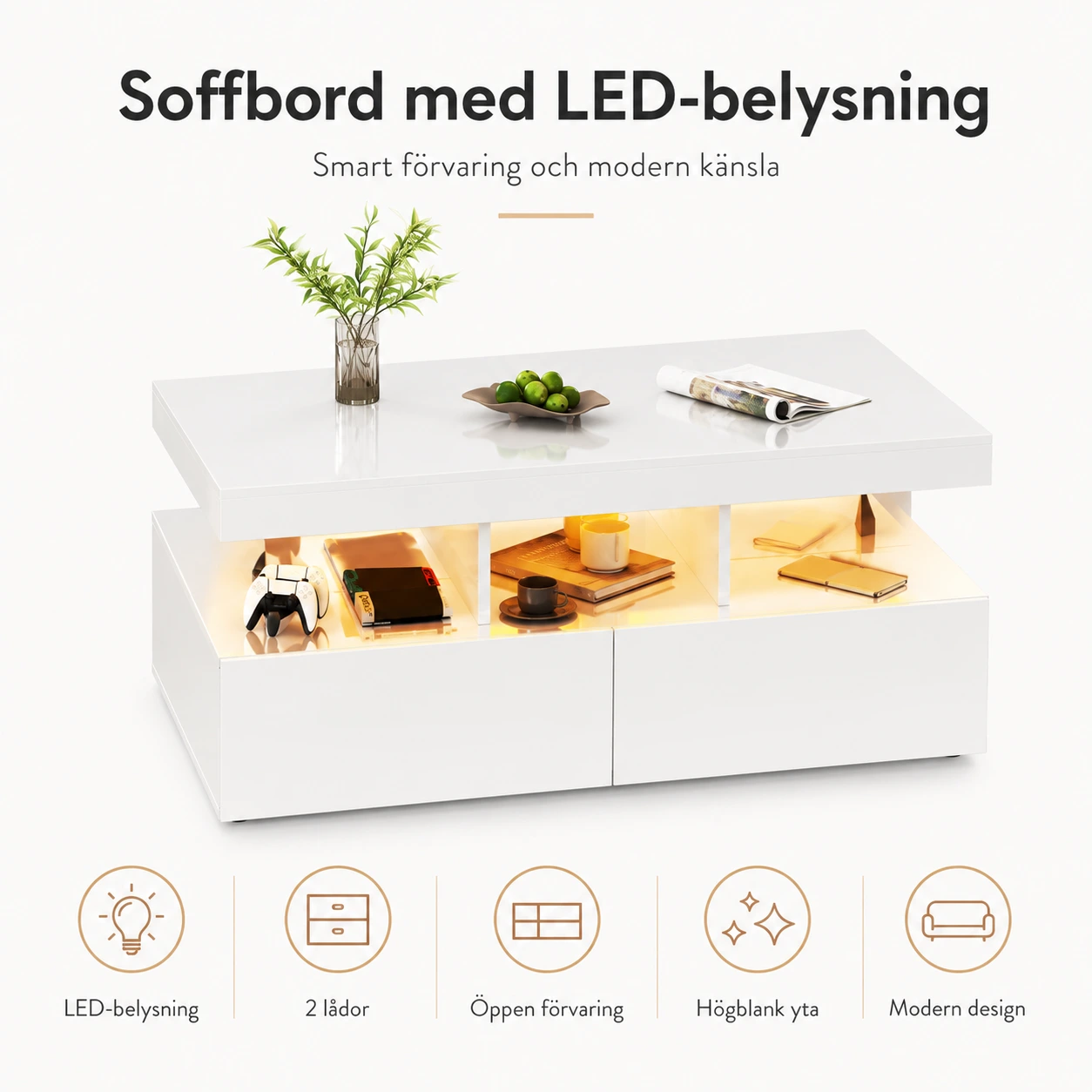 Soffbord med LED-belysning och 2 lådor
