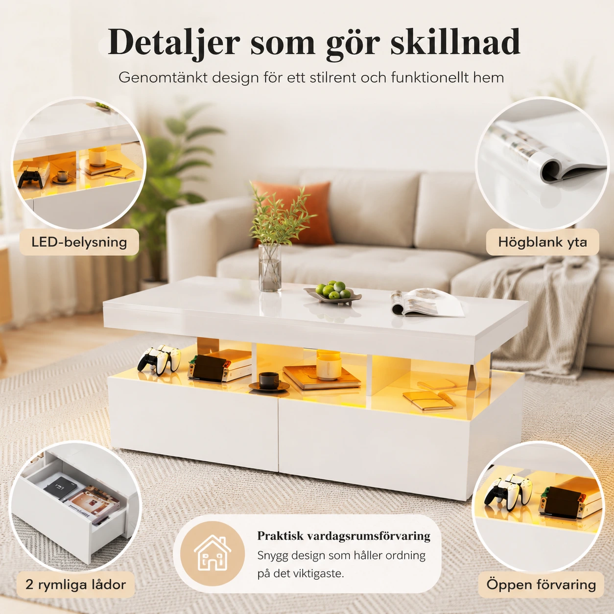 Soffbord med LED-belysning och 2 lådor