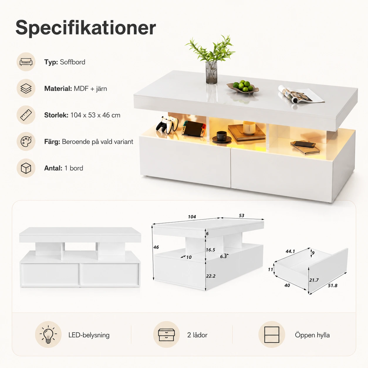 Soffbord med LED-belysning och 2 lådor