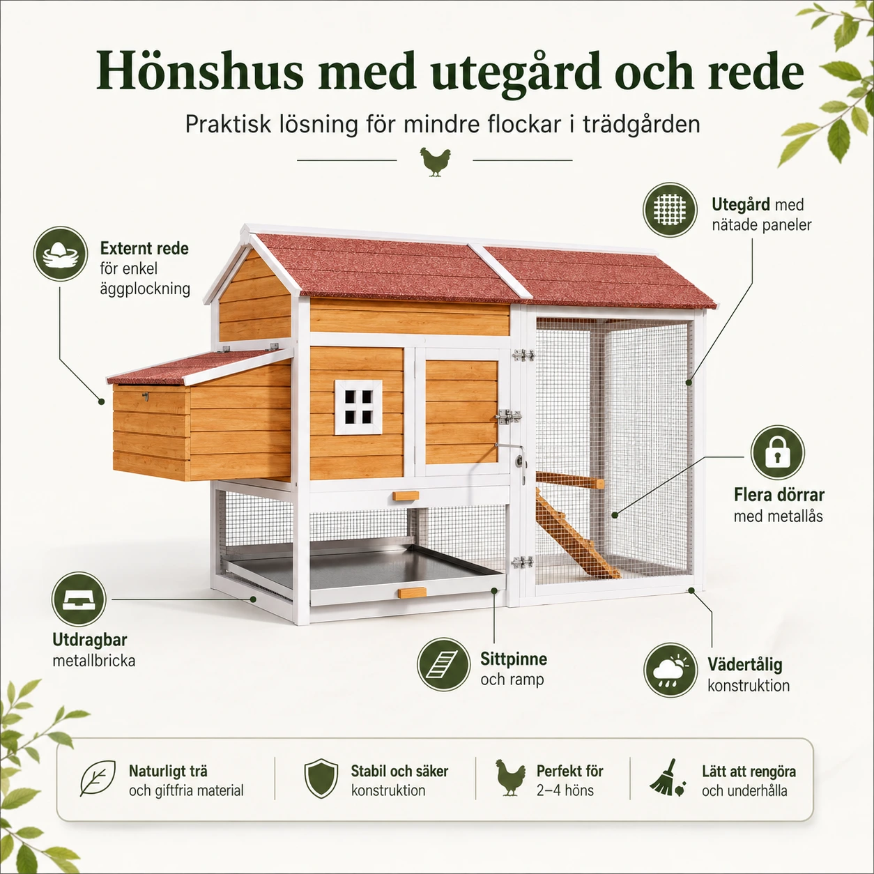Hönshus med utegård och rede 185 x 91 x 115 cm