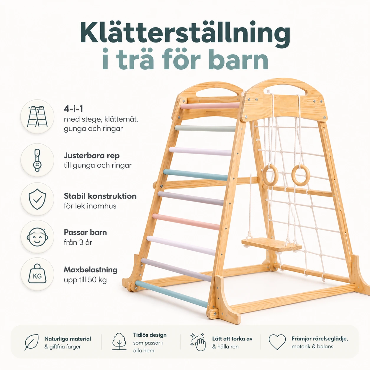 Klätterställning i trä för barn med gunga, nät och stege