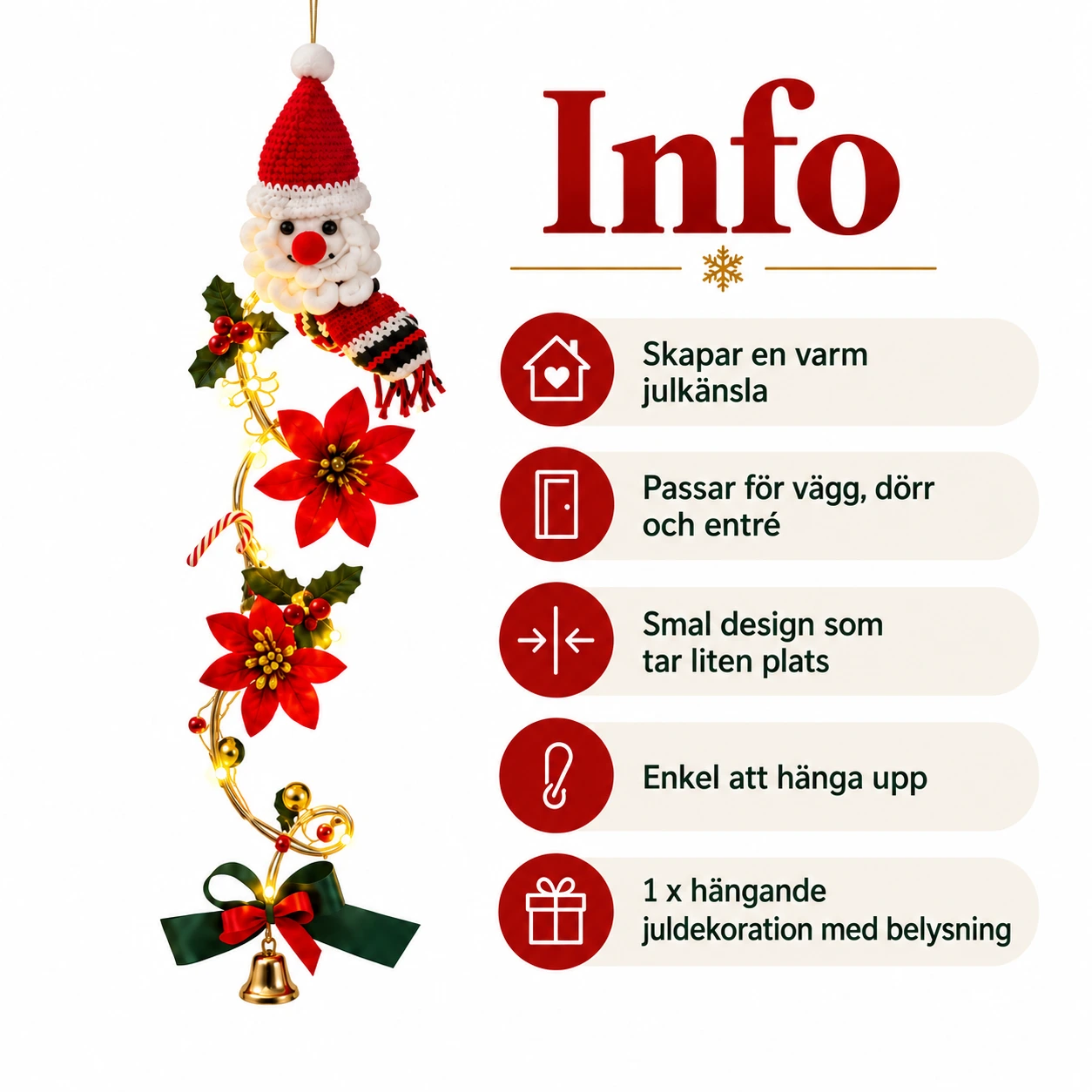 Valaistu joulukoriste seinälle tai ovelle, 50 cm