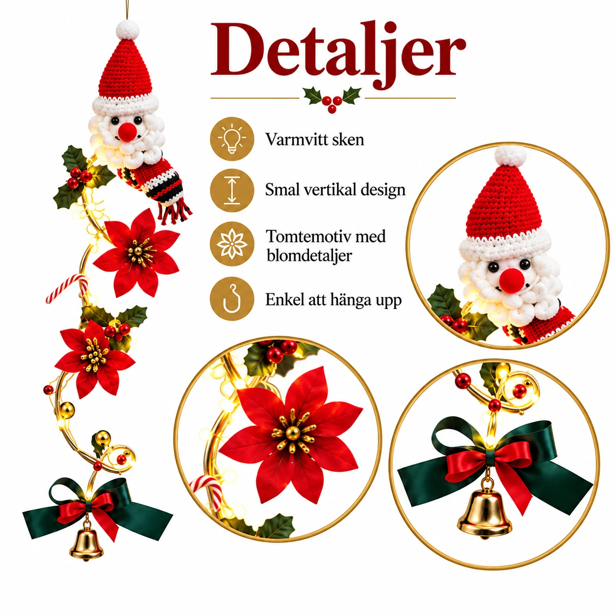 Valaistu joulukoriste seinälle tai ovelle, 50 cm