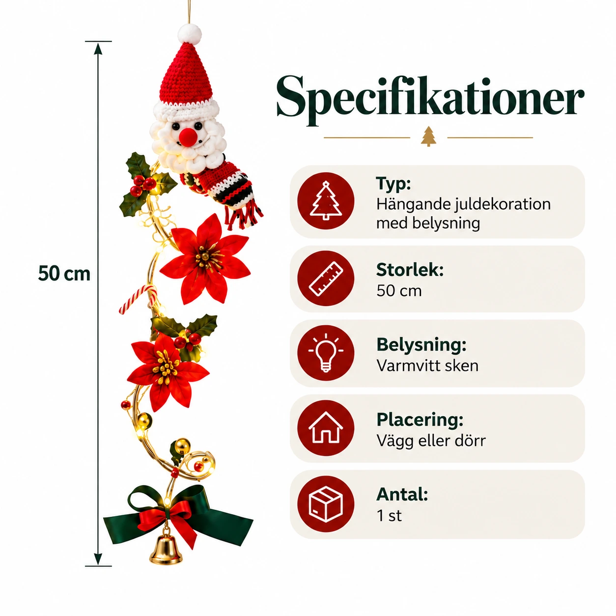 Juldekoration med belysning för vägg eller dörr, 50 cm