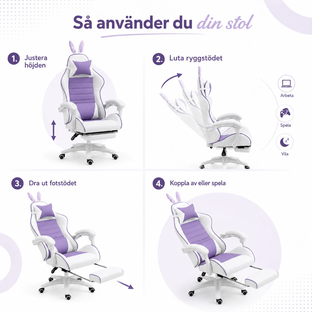 Gamingstol med Kaninöron och Fotstöd