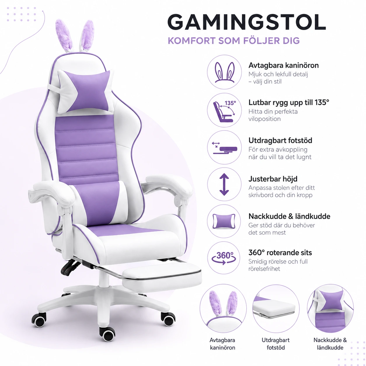Gamingstol med Kaninöron och Fotstöd