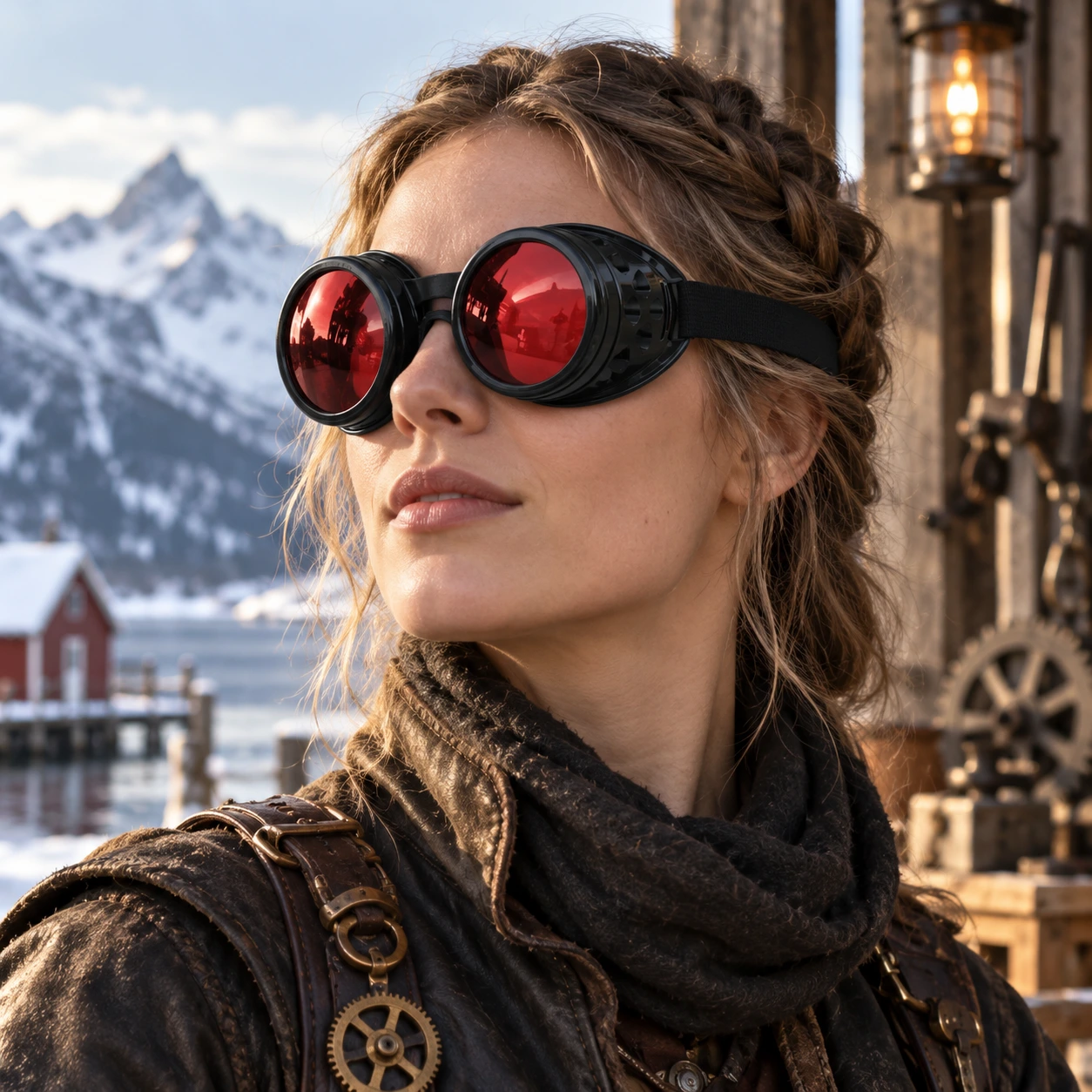 Svarta Steampunk Skyddsglasögon med Röda Linser