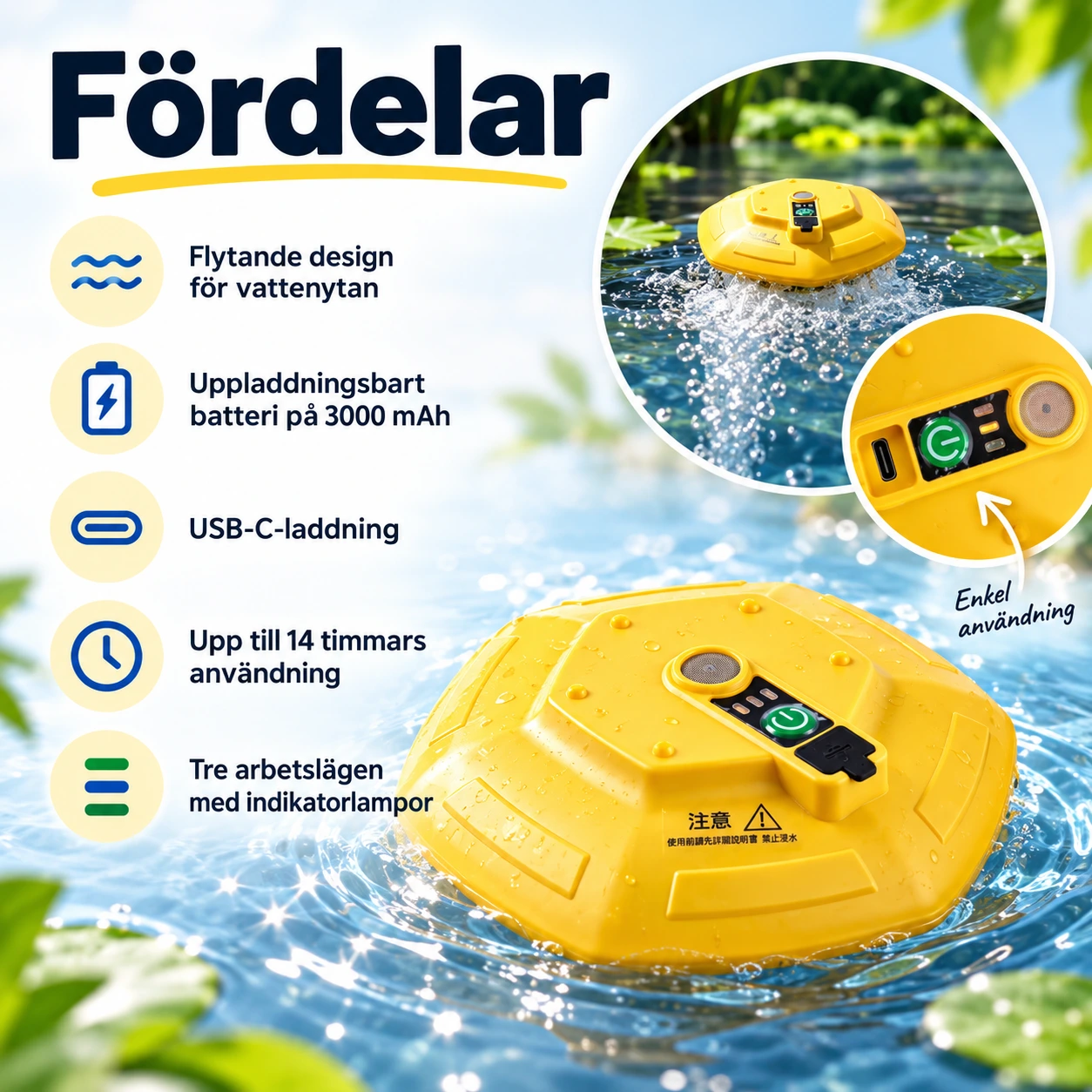 Flytande syrepump för fiskhink med USB-C-laddning