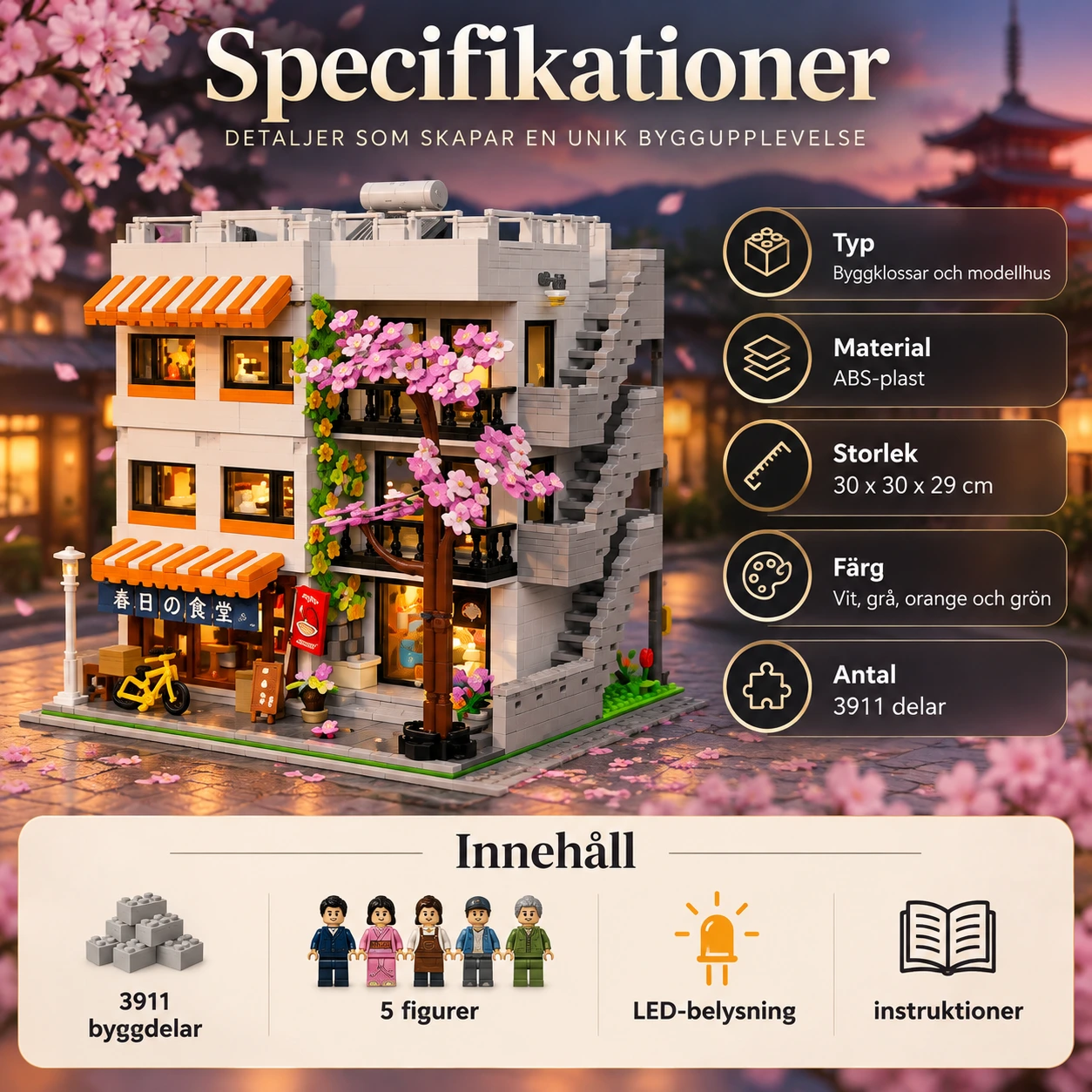Byggklossar japanskt lägenhetshus med LED, 3911 delar