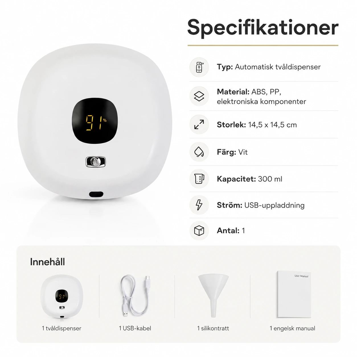 Automatisk tvåldispenser för väggmontering 300 ml