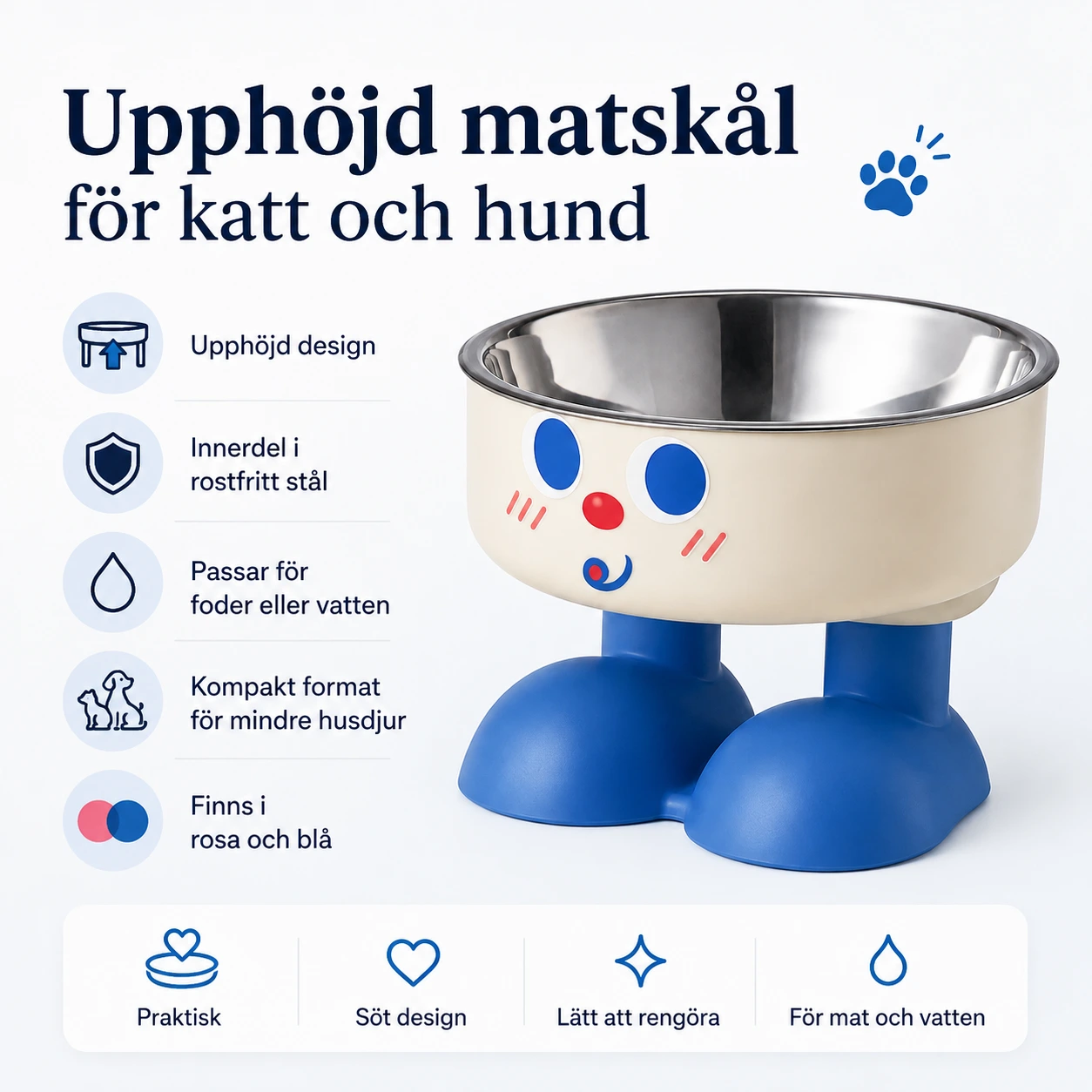 Upphöjd matskål för katt och hund i rostfritt stål