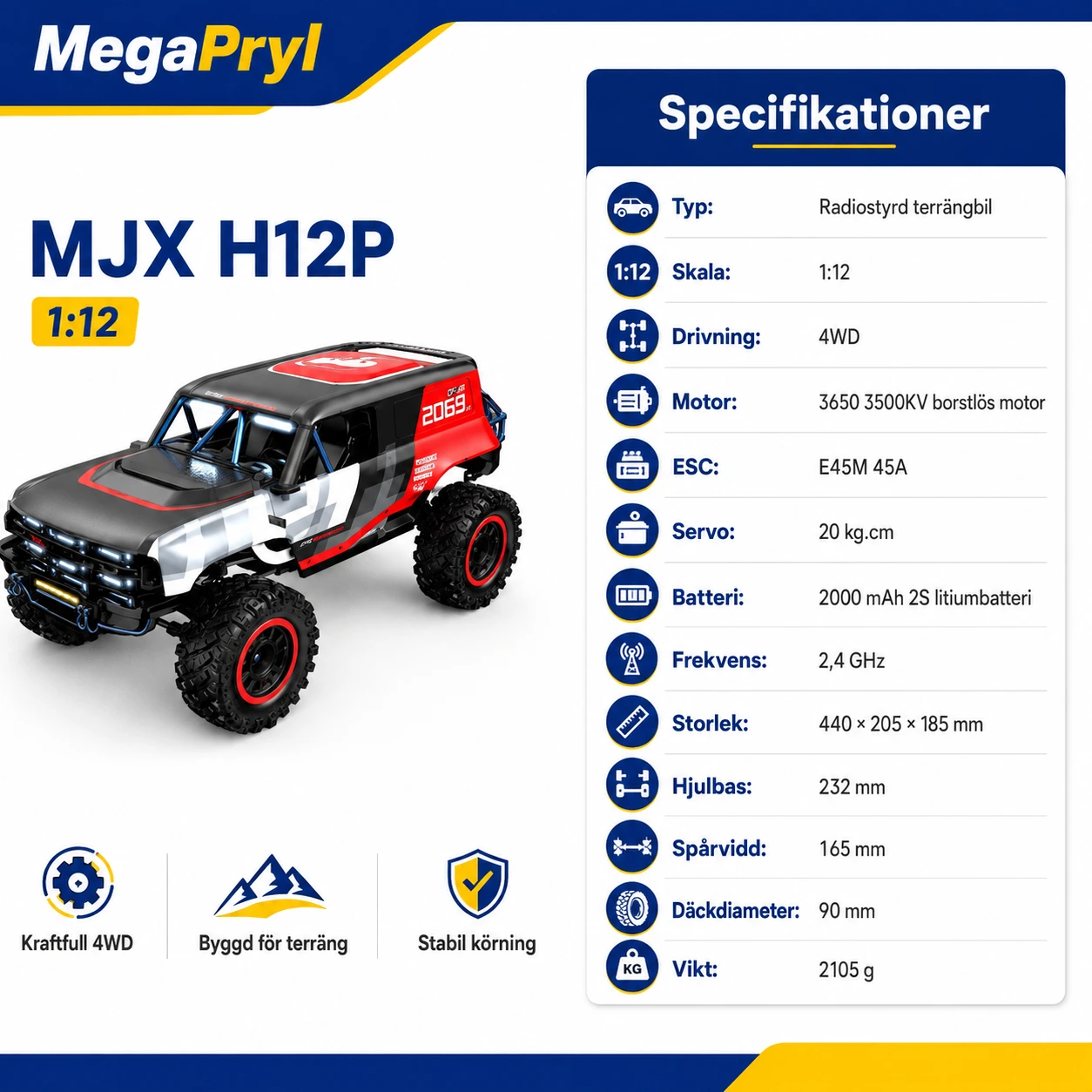 Radiostyrd terrängbil 1:12 4WD med borstlös motor