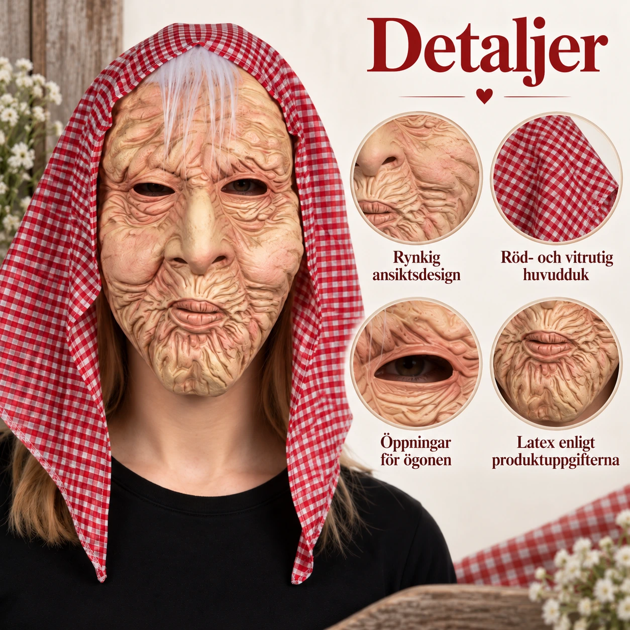 Mask gammal kvinna i latex med rutig huvudduk