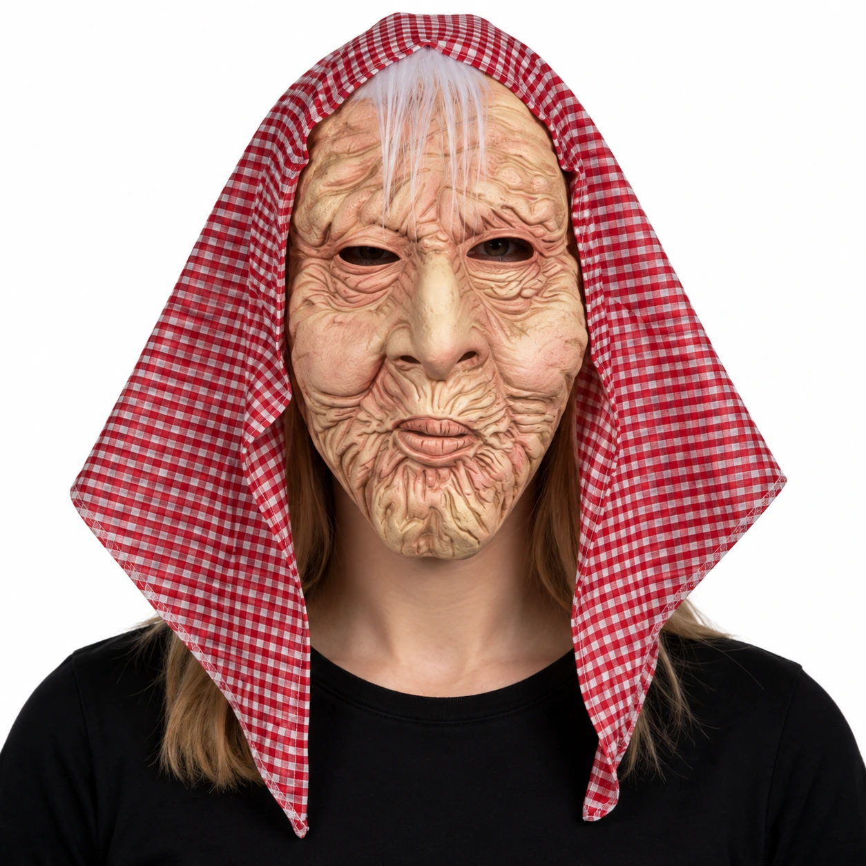 Mask gammal kvinna i latex med rutig huvudduk