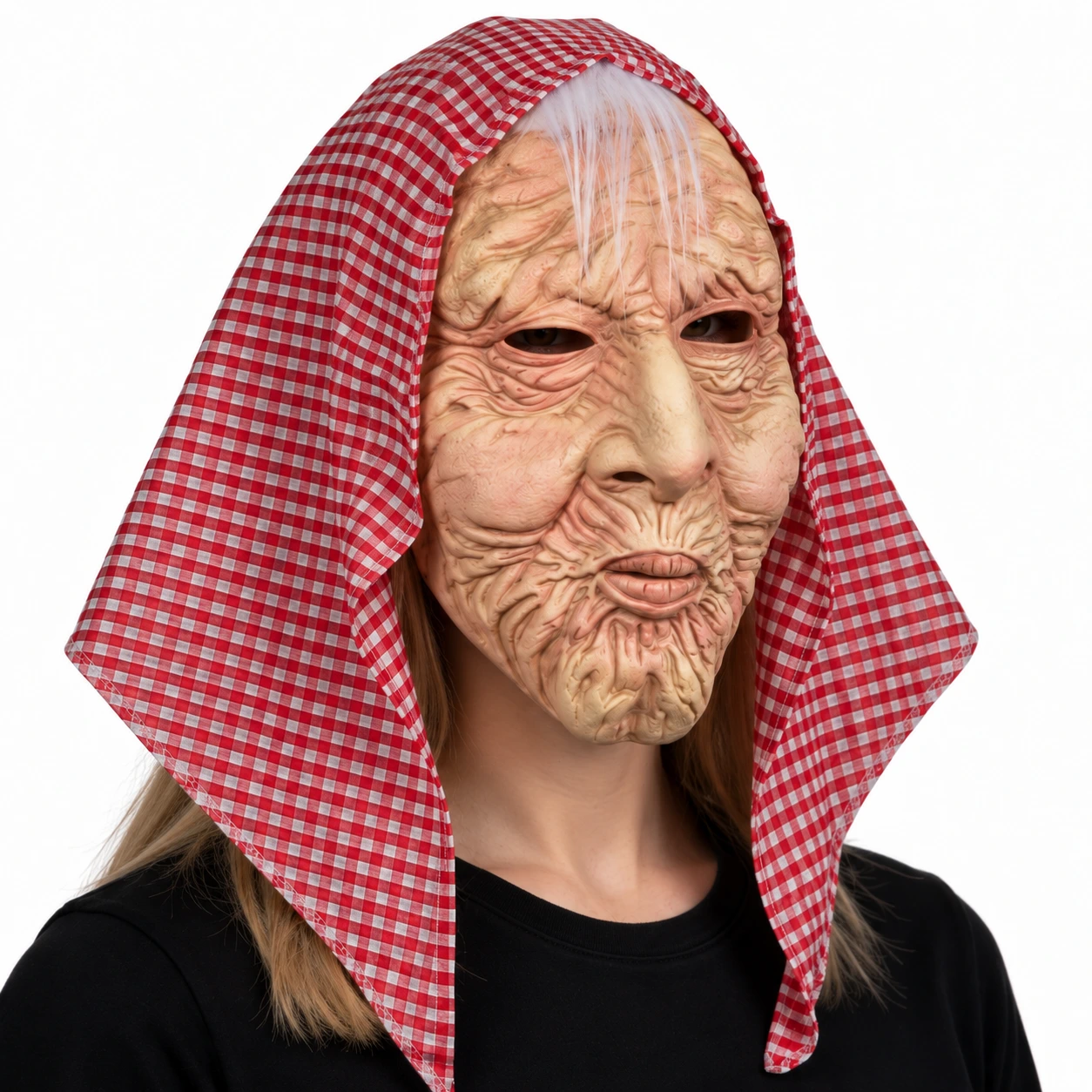 Mask gammal kvinna i latex med rutig huvudduk