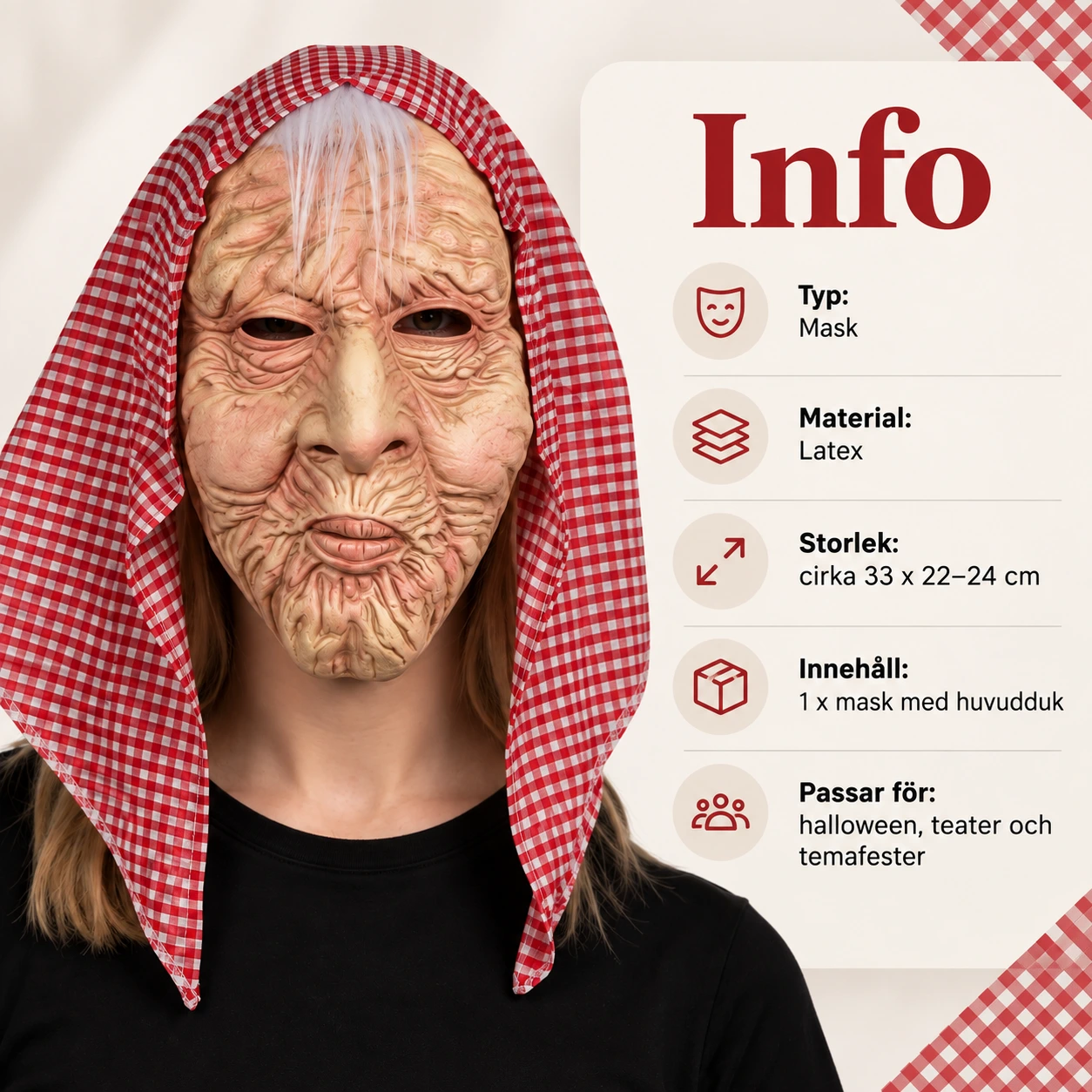 Mask gammal kvinna i latex med rutig huvudduk