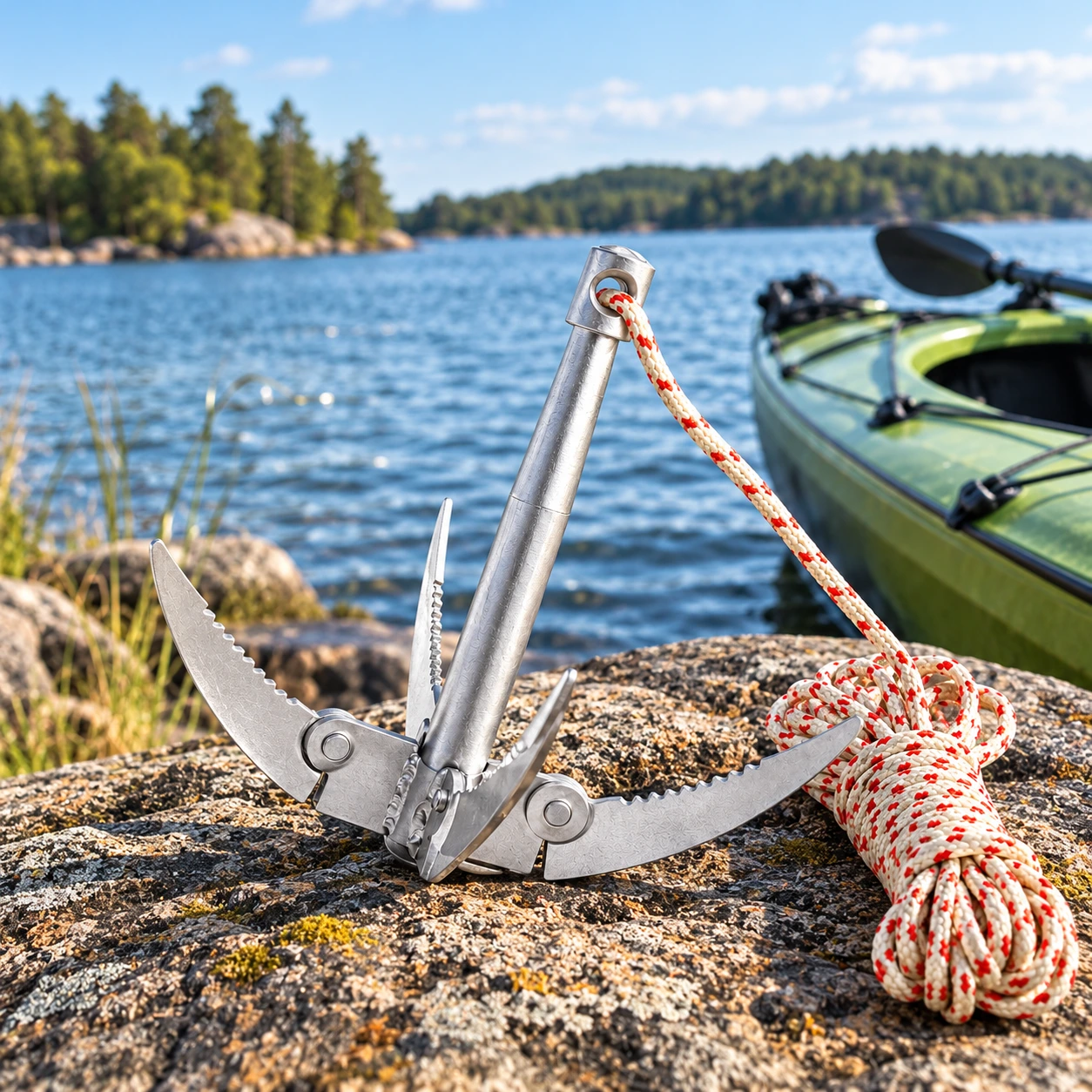 Kokoontaitettava ankkuri köydellä kajakkiin ja kanoottiin