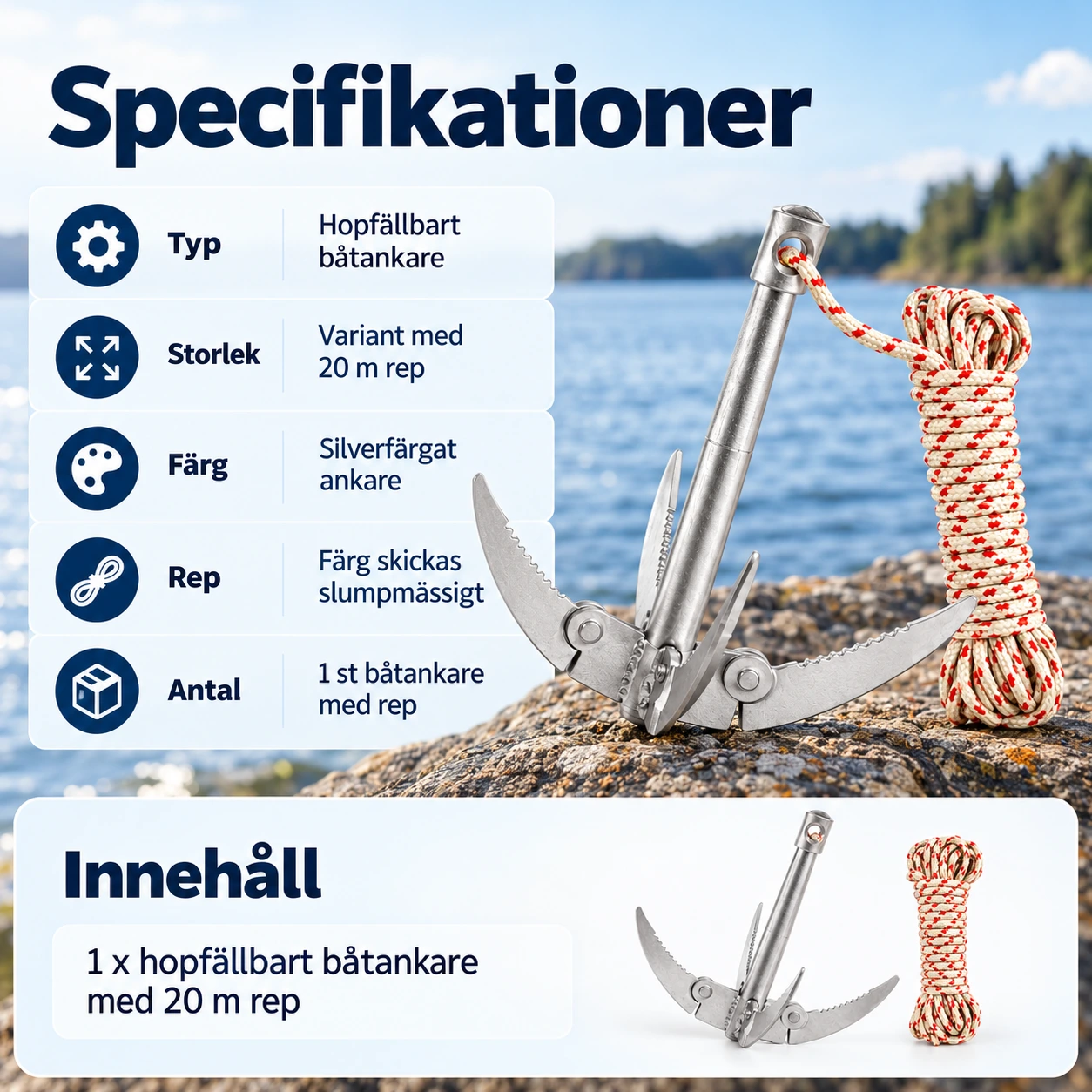 Hopfällbart båtankare med rep för kajak och kanot