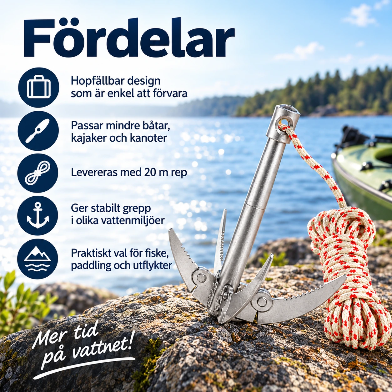 Hopfällbart båtankare med rep för kajak och kanot