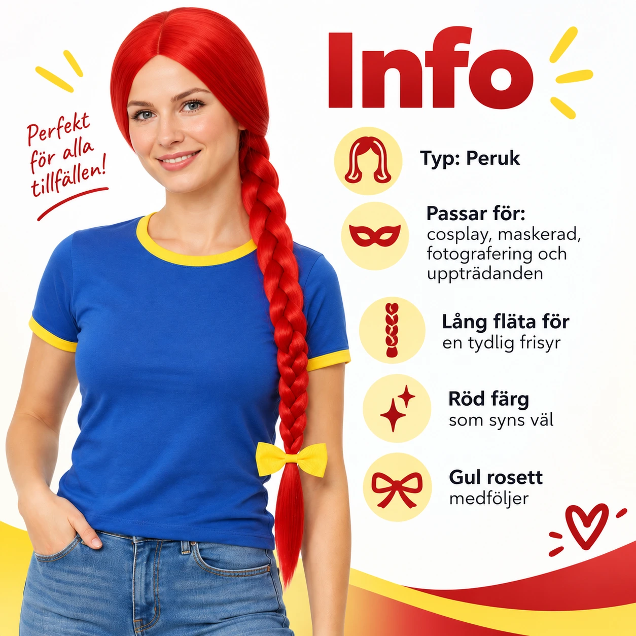 Peruk med lång fläta och rosett, röd