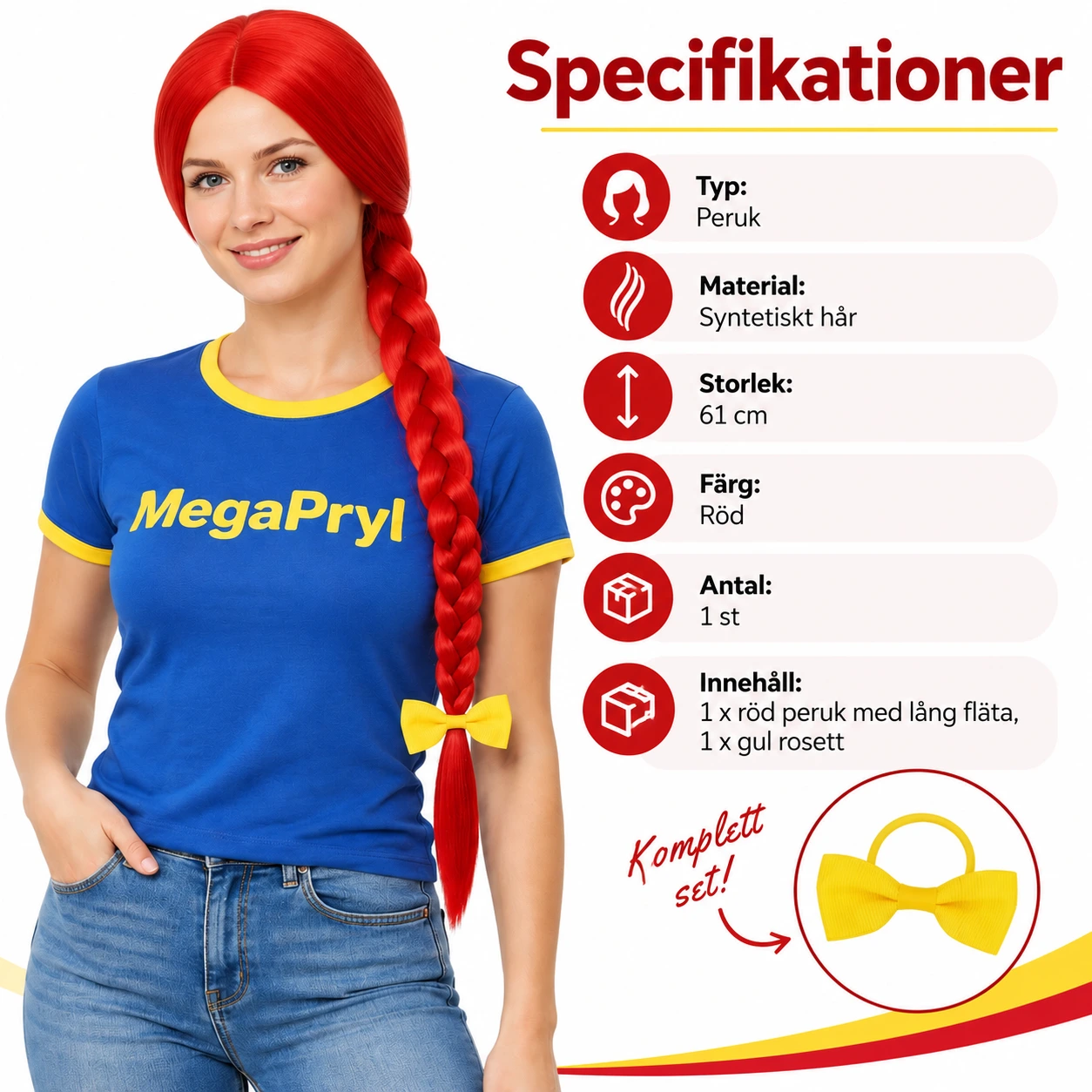 Peruk med lång fläta och rosett, röd