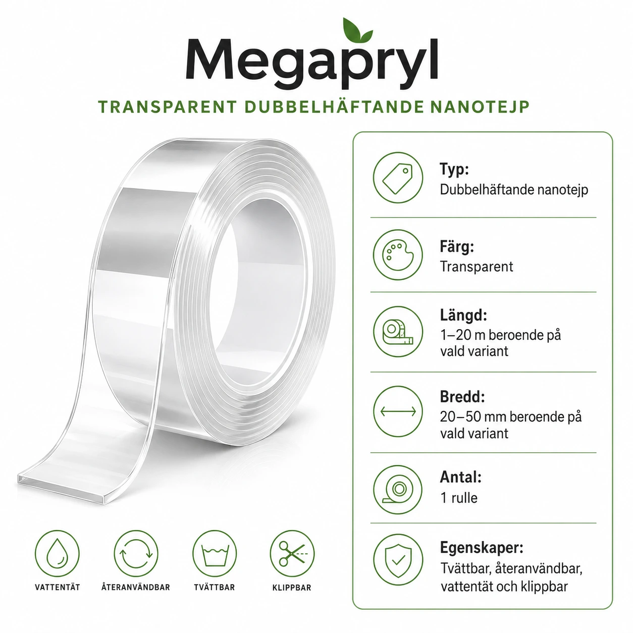 Dubbelhäftande Nanotejp Transparent