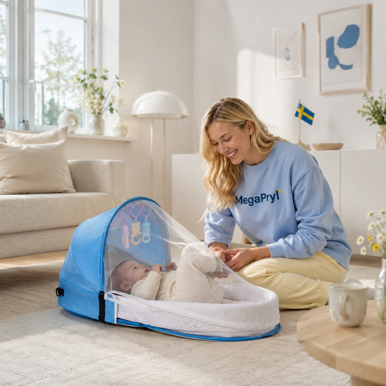 Portabel babybädd med myggnät och hopfällbar design