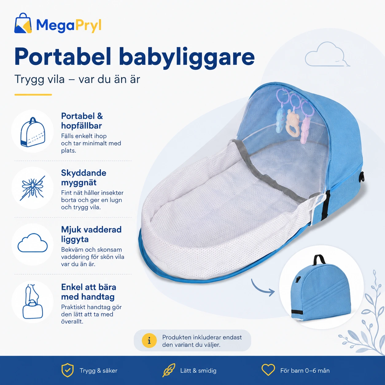Portabel babybädd med myggnät och hopfällbar design