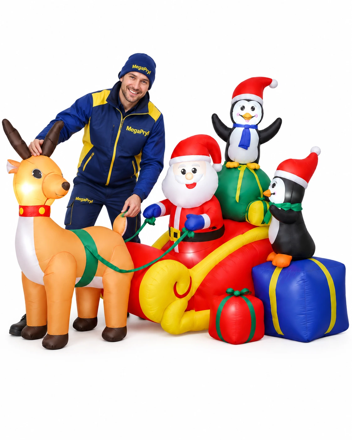 Ilmatäytteinen joulukoriste: joulupukki, reki ja poro