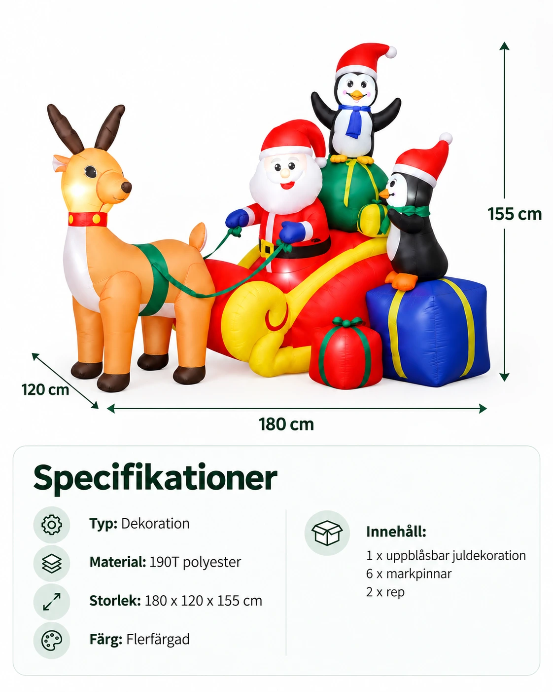 Uppblåsbar juldekoration med tomte, släde och ren