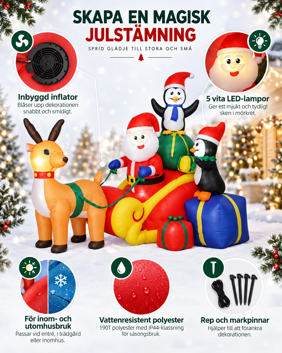 Uppblåsbar juldekoration med tomte, släde och ren
