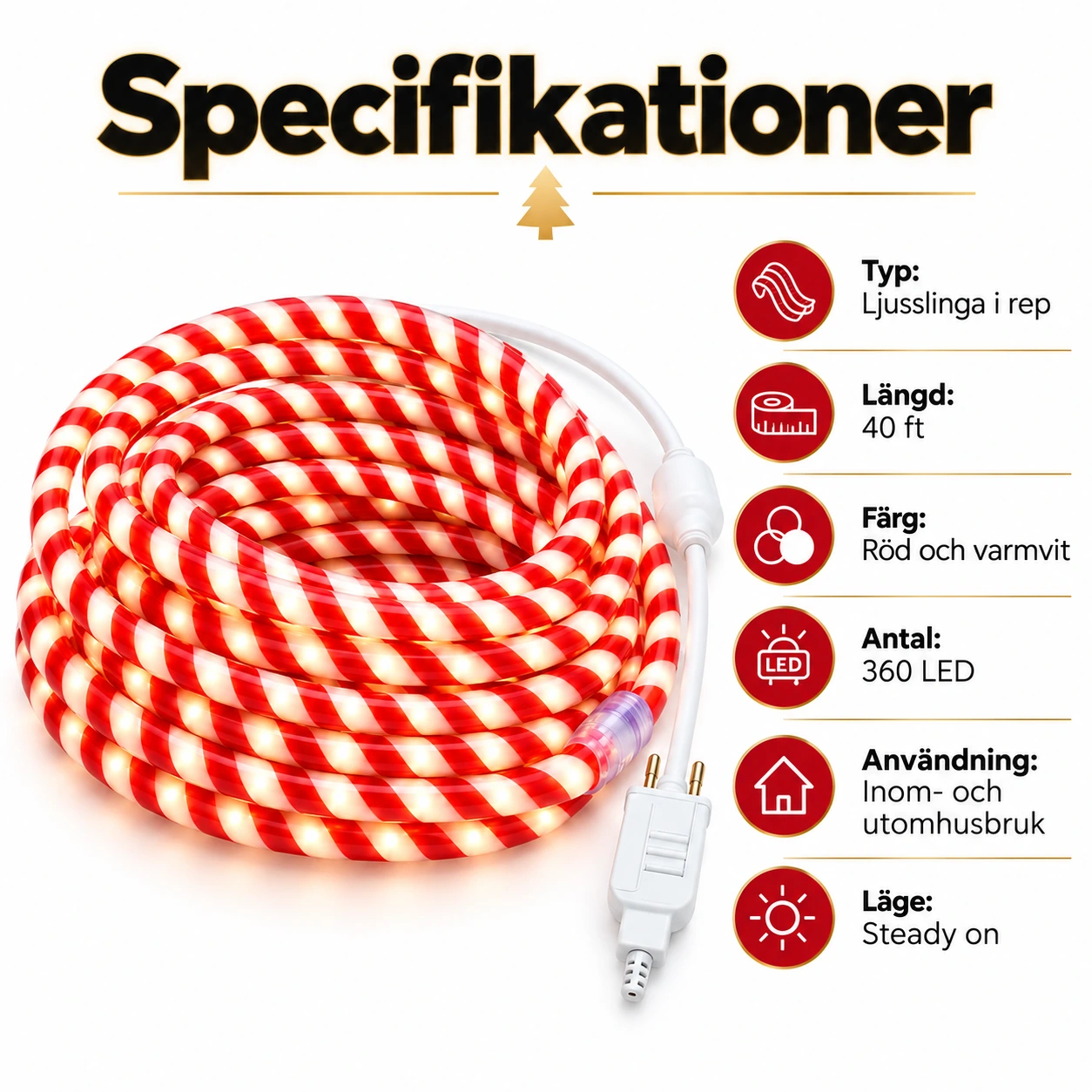 Ljusslinga i rep för juldekoration, 12m och 360 LED