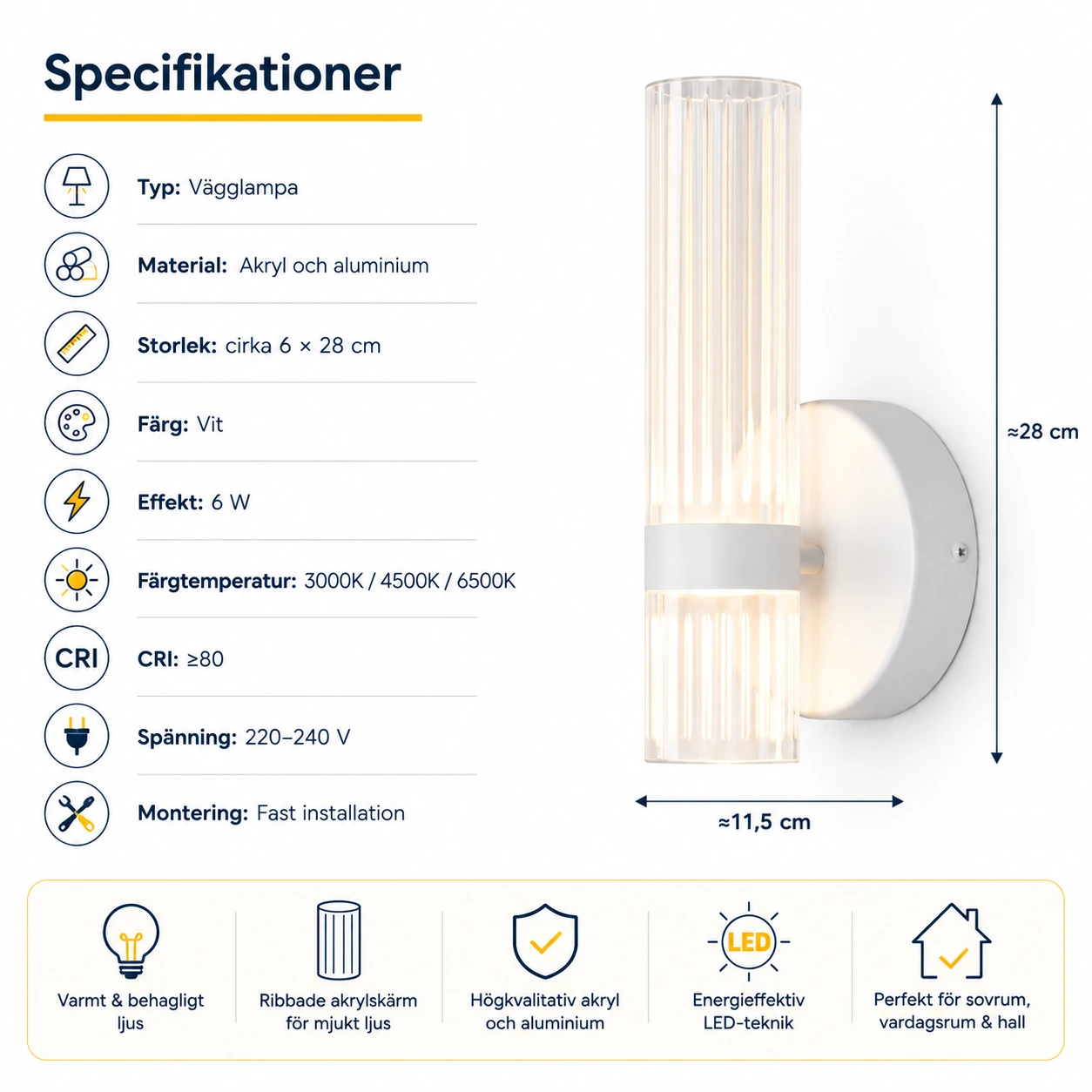 Vägglampa för inomhusbruk med 3 färgtemperaturer